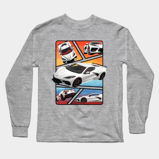 Multiple Angles of the Arctic White C8 Corvette Presented In A Bold Vibrant Panel Art Display Supercar Sports Car Racecar Torch Arctic White Corvette C8 Long Sleeve T-Shirt by Tees 4 Thee